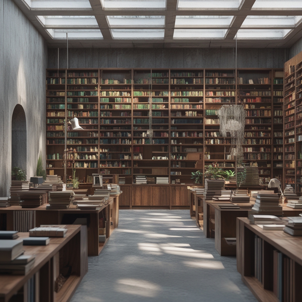 Biblioteka naukowa z drewnianymi regałami pełnymi książek, ciepłe boczne oświetlenie oświetlające grzbiety woluminów, spokojna atmosfera miejsca do nauki i refleksji