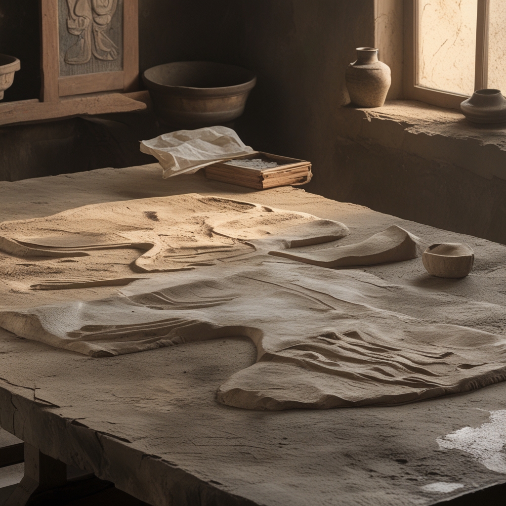 Renesansowe ryciny przedstawiające anatomiczne studia ciała ludzkiego rozłożone na drewnianym stole, ciepłe światło świecy oświetlające papier z brązowawym nalotem czasu