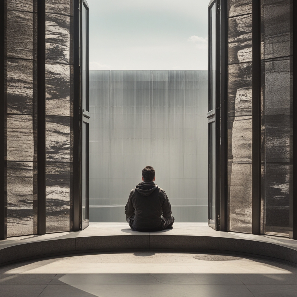 Widok boczny sylwetki człowieka stojącego przy oknie w wyprostowanej postawie, naturalne boczne oświetlenie wydobywające kontur ciała, neutralne tło, spokojny charakter zdjęcia